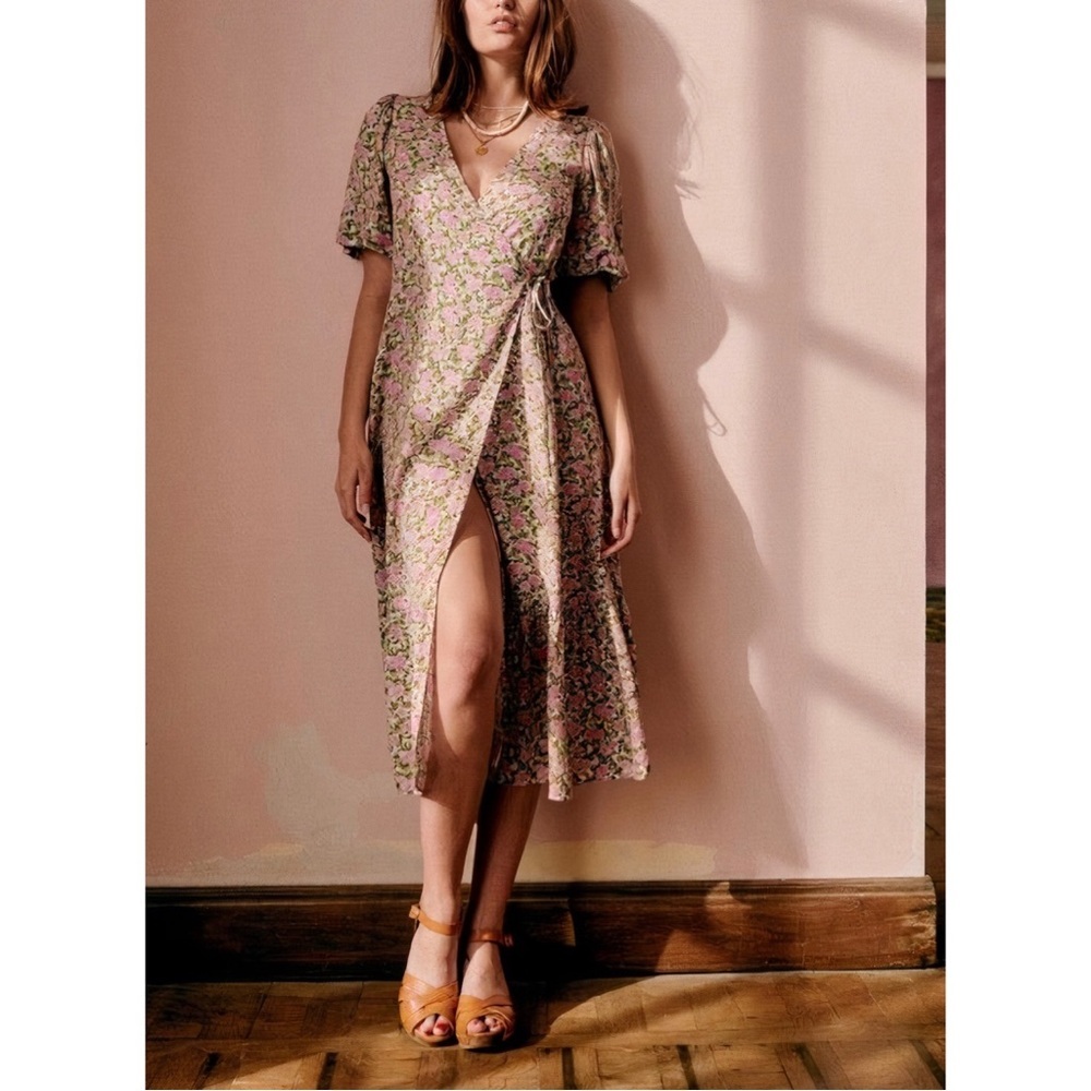 Sezane Pink Floral Wrap Midi Dress